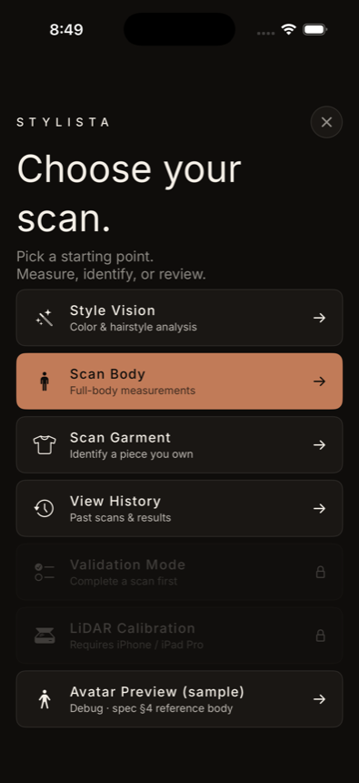 MyLooke scan hub: start a two-photo body scan and review your measurement history
