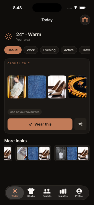 MyLooke Today screen: a weather-aware outfit assembled from the user's own wardrobe, with a Wear This button