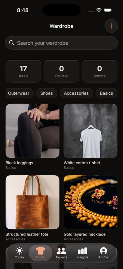 The MyLooke wardrobe screen, showing the colours already in a wardrobe